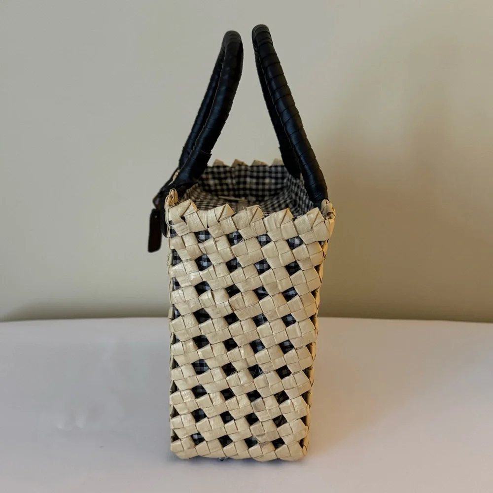 Esprit Black and Cream Woven Double Top Handle Basket Bag - Picture 3 of 9
